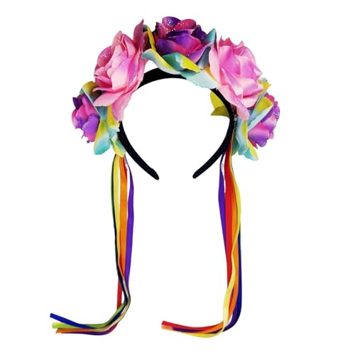 KieTeiiK Blumenhaarband Regenbogen Rosenhaar Hoop Halloween Dekorative Quasten Rollenspiele Kostüm Proms Party Live Show Kopfbedeckung Regenbogen Blumenkronenfest Accessoires von KieTeiiK