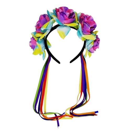 KieTeiiK Blumenhaarband Regenbogen Rosenhaar Hoop Halloween Dekorative Quasten Rollenspiele Kostüm Proms Party Live Show Kopfbedeckung Regenbogen Blumenkronenfest Accessoires von KieTeiiK