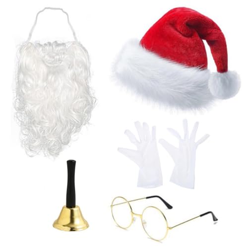 KieTeiiK Festliches Weihnachtsmann Kostümzubehör 5-teilig Inklusive Handschuhen Mütze Verstellbarem Bart Brille Und Glocken Weihnachtsmanngürtel von KieTeiiK