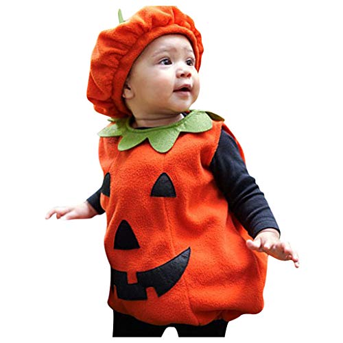 Baby Kürbis Kostüm Baby Pumpkin Costume Cosplay Baby Kürbis Kostüm Mit Hüte Und Schuhe Halloween Kostüm Kinder Jungs, Baby Kinder Kürbis Halloween Weste Tops + Mütze + Schuhe (1-Orange, 3-6 Months) von Kielsjajd