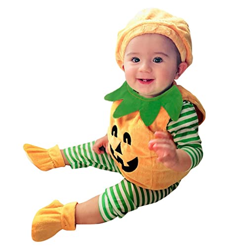 Baby Kürbis Kostüm Baby Pumpkin Costume Cosplay Baby Kürbis Kostüm Mit Hüte Und Schuhe Halloween Kostüm Kinder Jungs, Baby Kinder Kürbis Halloween Weste Tops + Mütze + Schuhe Outfits Set (Orange, 80) von Kielsjajd