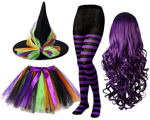 Kigeli Halloween-Hexenkostüm-Set für Damen, Tutu, Rock, Hut, Perücke, gestreifte Strumpfhose, Cosplay, Grün, Lila, 4-teilig von Kigeli