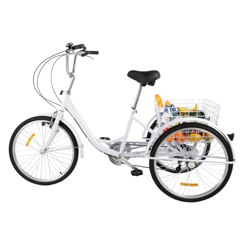 24 Zoll Erwachsene Dreirad mit Licht - 6-Gang, Höhenverstellbarer Sitz & Lenker, Großer Einkaufskorb (bis 25kg), Sicherheitsbeleuchtung, Weißes Dreirädriges Fahrrad für Senioren & Freizeit von KigerNee