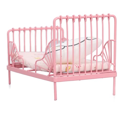 Kikumi Dollhouse Metallbett 1:12 Miniaturmöbel Bären Schlafzimmer Dekor Rosa (Rosa Vogelmuster) von Kikumi