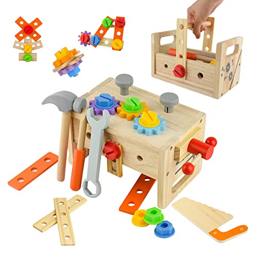 Kikuo 24PCS Holz Werkzeug Kinder, Werkzeugkoffer Kinder, Rollenspielzeug Werkkoffer Kinder, Educational Kleinkind Spielzeug Werkzeugkoffer Kinder ab 2 Jahre Alte Mädchen und Jungen von Kikuo