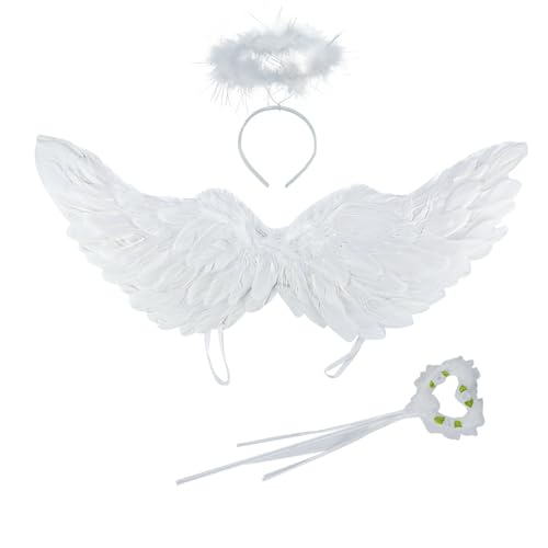 60CM Engelsflügel Weiß, Kikuo Engel Kostüm Damen mit Heiligenschein und Zauberstab, Engel Flügel Weißer für Karneval Cosplay Party Halloween 60CM Engelsflügel Weiß, Kikuo Engel Kostüm Damen mit Heiligenschein und Zauberstab, Engel Flügel Weißer für Karneval Cosplay Party Halloween von Kikuo