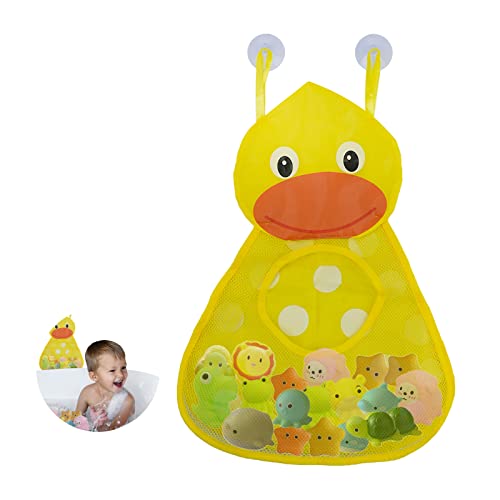 Kikuo Baby Badespielzeug Aufbewahrungs Organizer, Badewannen Spielzeughalter, Netz für Spielzeug-Babys, niedliche Tierform, gelbe Ente mit 2 starken Saugnäpfen von Kikuo