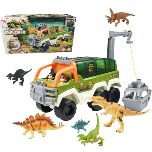 Kikuo Dinosaurier Spielzeug mit Kleinen Dinosaurier, 7 Realistische Dino-Figuren, Dinosaurier-LKW, Sound & Lichteffekte, Pädagogische & Sichere Dino Spielzeug für Jungen Mädchen Alter 3+ von Kikuo