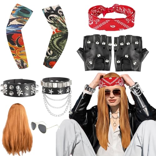 Kikuo Punk Gothic Rocker Kit, Punk Gothic Kit Heavy Metal Perücke Rocker, Rocker Star Punker Halskette Bandanas Handschuhe Sonnenbrille Tattoo Sleeve Hip Hop Disco Kostüm Accessoires von Kikuo