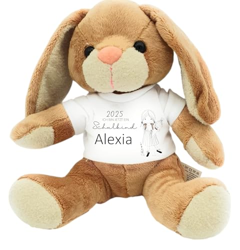 Kilala Hase Kuscheltier zur Einschulung, Personalisiertes Plüschtier mit T-Shirt, Geschenk zur Schultüte, 21 cm, Schulkind Mädchen von Kilala