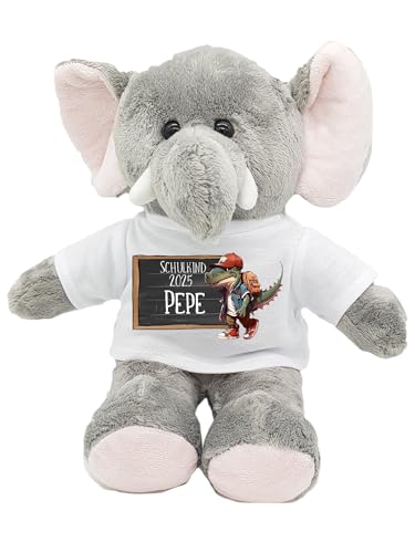 Kilala Personalisierter Elefant-Kuscheltier zur Einschulung 2024 – Kuscheliger Begleiter mit T-Shirt und Name – Perfekt für die Schultüte, Sitzhöhe 21 cm (Dino) von Kilala