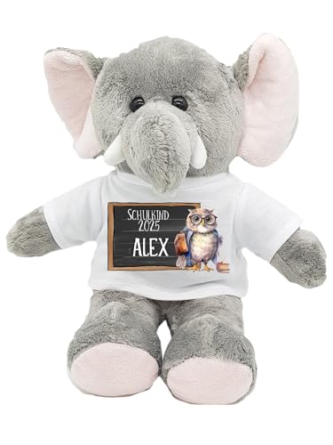 Kilala Personalisierter Elefant-Kuscheltier zur Einschulung 2024 – Kuscheliger Begleiter mit T-Shirt und Name – Perfekt für die Schultüte, Sitzhöhe 21 cm (Eule) von Kilala