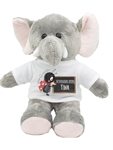 Kilala Personalisierter Elefant-Kuscheltier zur Einschulung 2025 – Kuscheliger Begleiter mit T-Shirt und Name – Perfekt für die Schultüte, Sitzhöhe 21 cm (Glückskäfer) von Kilala
