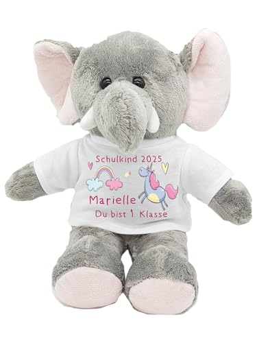 Kilala Kuscheltier Elefant, T-Shirt mit Aufdruck Schulkind 2025, personalisiert mit Wunschname, Geschenk zur Einschulung für die Schultüte, 21 cm groß von Kilala