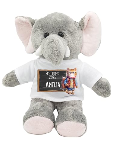 Personalisierter Elefant-Kuscheltier zur Einschulung 2024 – Kuscheliger Begleiter mit T-Shirt und Name – Perfekt für die Schultüte, Sitzhöhe 21 cm (Katze) von Kilala