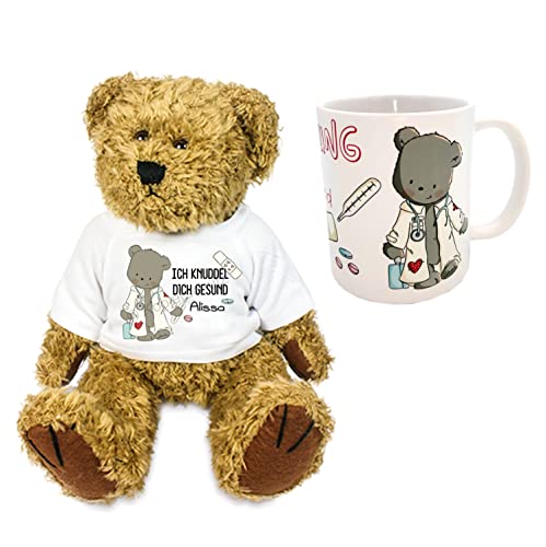 Teddy Kuscheltier Bär Stofftier Gute Besserung mit Wunschname personalisiert Trostspender für Groß & Klein bei Krankheit (Doktorbär-Set mit Tasse) von Kilala