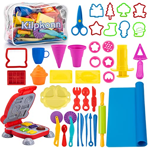 Knete Set Knetwerkzeug für Kinder, 41 Stück Knete Zubehör Creation Frühstück Burger & Pasta, Formen Rollen Nudelholz, Knetmatte mit Aufbewahrungstasche, Teig Spielzeug Geschenk für Jungen Mädchen von Kilpkonn