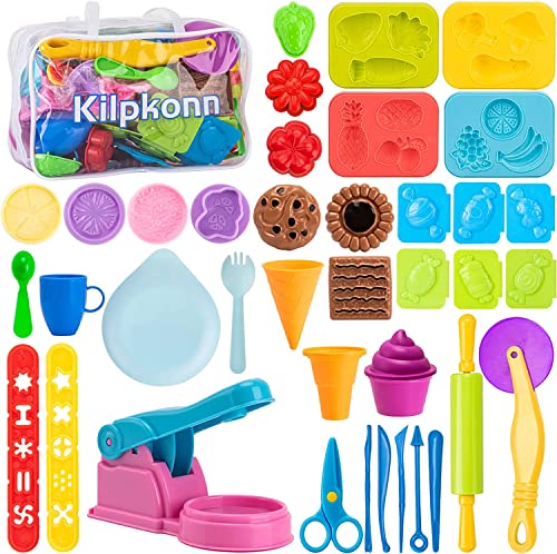 Knete Sets für Kinder, 40 Stück Küche Dough Knete Zubehör, Form, Schere, Nudelholz mit Aufbewahrungstasche, Spielen Spielknete Knetspaß für Kinder Jungen Mädchen von Kilpkonn