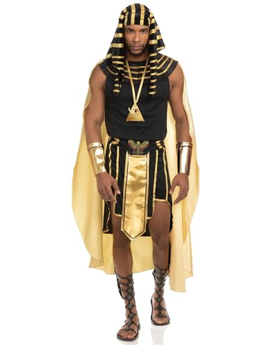 Erwachsenenkostüm für Herren, Halloween-König, Pharao, ägyptisches Kostüm-Set, 7-teilig, goldener Rand, Tank-Top, Rock, Armärmel, Kopfbedeckung, Halskette, Cosplay-Kostüm (A-Schwarz, L) von KimFuLai
