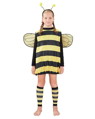 KimFuLai Bienen-Cosplay-Kostüm-Set für Damen, Halloween, gelbes Honigbienenkleid mit Flügeln, Stirnband, Beinärmeln für Party, Cosplay, Verkleidung (A-gelbes Kind, 10-12 Jahre) von KimFuLai