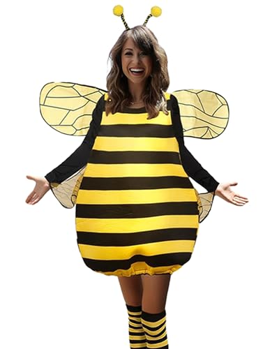 KimFuLai Bienen-Cosplay-Kostüm-Set für Damen, Halloween, gelbes Honigbienenkleid mit Flügeln, Stirnband, Beinärmeln für Party, Cosplay, Verkleidung (B-Gelb, L) von KimFuLai