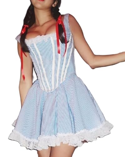 KimFuLai Dorothy-Kostüm für Damen, kurze Puffärmel, Gingham-Spitzensaum, Korsett, Minikleid, blau, kariert, Märchenkleid (B-Blau, M) von KimFuLai