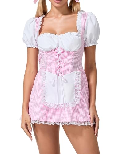KimFuLai Dorothy-Kostüm für Damen, kurze Puffärmel, Gingham-Spitzensaum, Korsett, Minikleid, blau kariert, Märchenkleid (A-Pink, L) von KimFuLai