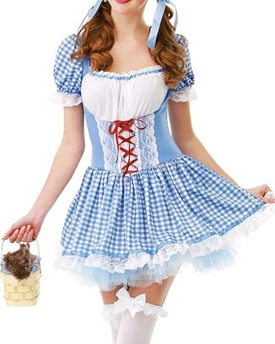 KimFuLai Dorothy-Kostüm für Damen, kurze Puffärmel, Gingham-Spitzensaum, Korsett, Minikleid, blau kariert, Märchenkleid (C-Blue, M) von KimFuLai
