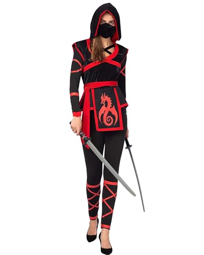 KimFuLai Ninja-Krieger-Kostüm für Damen, Halloween, Festivals, Rave-Party, Rollenspiel, Strampler, Cosplay-Kostüm mit Gesichtsmaske und Taillenschärpe (A-Schwarz-Rot, XXL) von KimFuLai
