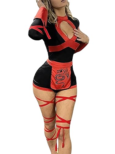 KimFuLai Ninja-Krieger-Kostüm für Damen, Halloween, Festivals, Rave-Party, Rollenspiel, Strampler, Cosplay-Kostüm mit Gesichtsmaske und Taillenschärpe (B-Schwarz, XL) von KimFuLai