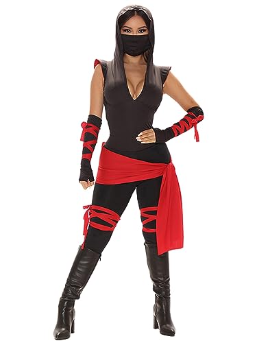 KimFuLai Ninja-Krieger-Kostüm für Damen, Halloween, Festivals, Rave-Party, Rollenspiel, Strampler, Cosplay-Kostüm mit Gesichtsmaske und Taillenschärpe (C-Schwarz, L) von KimFuLai