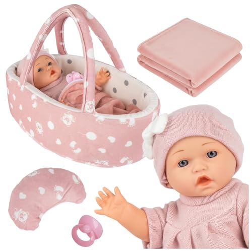 Kinderplay Babypuppe mit Trage und Zubehör – 30cm Puppe mit Decke, Kissen & Schnuller – realistische Puppen für Kinder ab 3 Jahren, Geschenk für Mädchen von Kinderplay