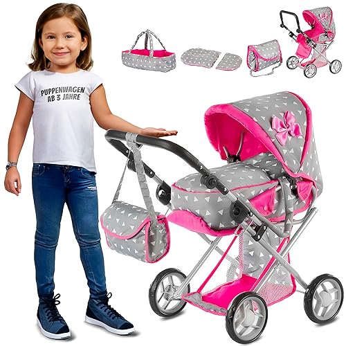 Kinderplay Puppenwagen ab 1 2 3 Jahre Kinderwagen Spielzeug - 3 in 1, Puppenwagen mit Herausnehmbarer Tragetasche und Umhängetasche, Höhenverstellbar 34.5 cm bis 64 cm, KP0200S von Kinderplay