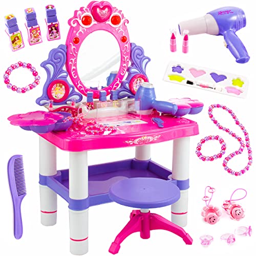 Kinderplay Schminktisch Kinder Schminktisch für Mädchen - Frisiertisch Spielzeug, Mädchen Schminkkopf Spieltisch Kinder, Rosa Schminktisch mit Hocker und Zubehör, Licht, Ton, KP2798 von Kinderplay