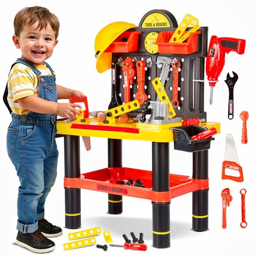 Kinderplay Werkbank Kinder Mit Batteriebetriebene Bohrmaschine und Helm - Kinderwerkbank Mit Arbeitsplatte, Werkzeugbank Ink. Hammer, Zange, Schrauben, Muttern, Schraubendreher, KP2646 von Kinderplay