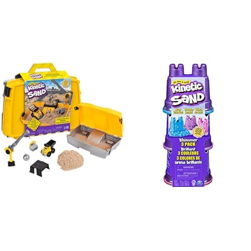 Kinetic Sand Baustellen Koffer - mit 907 g magischem Schweden, Baustellenfahrzeug und Zubehör für Indoor-Sandspiel, ab 3 Jahren & Schimmer Sand 3er Pack 340 g - 3 Farben Glitzersand, ab 3 Jahren von Kinetic Sand