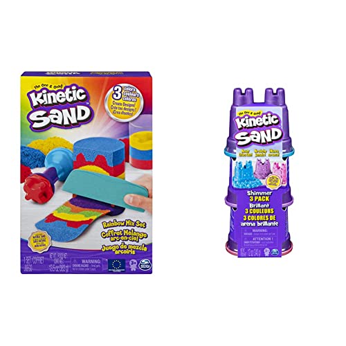 Kinetic Sand Regenbogen Mix Set - mit 383 g magischem Schweden in 3 Farben und Förmchen & Schimmer Sand 3er Pack 340 g - 3 Farben Glitzersand aus Schweden für Indoor Sandspiel von Kinetic Sand