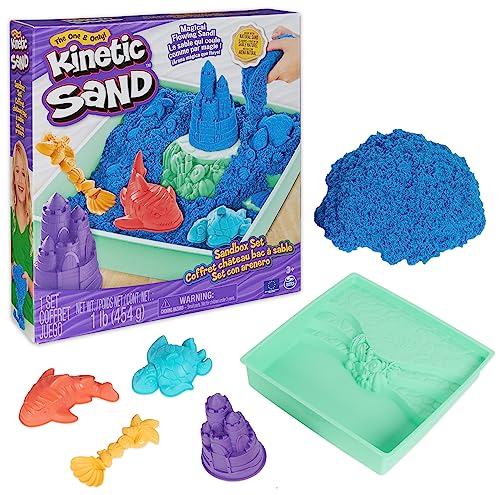 Kinetic Sand Sandbox Set Blau - mit 454 g original magischem kinetischem Sand aus Schweden, 1 Sandbox, 3 Förmchen, 1 Schaufel für kreatives Indoor-Sandspiel, für Kinder ab 3 Jahren von Kinetic Sand