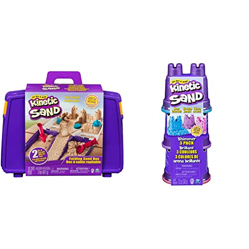 Kinetic Sand Sandspiel Koffer mit 907 Indoor-Sandspaß & Schimmer Sand 3er Pack 340 g - 3 Farben Glitzersand aus Schweden für Indoor Sandspiel, ab 3 Jahren von Kinetic Sand