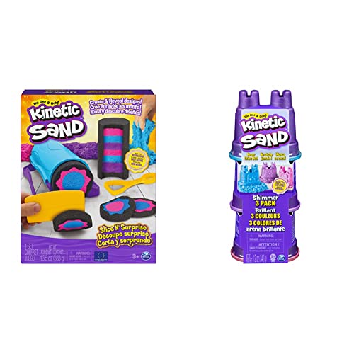 Kinetic Sand Slice n Surprise Set - mit original Schweden in 3 Farben und 7 Werkzeugen & Schimmer Sand 3er Pack 340 g - 3 Farben Glitzersand aus Schweden für Indoor Sandspiel von Kinetic Sand