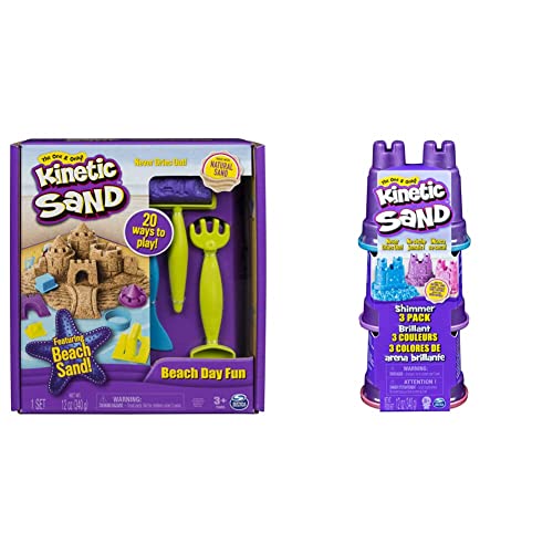Kinetic Sand Strandspaß Set - mit 340 g magischem Sand, ab 3 Jahren, Braun & Schimmer Sand 3er Pack 340 g - 3 Farben Glitzersand aus Schweden für Indoor Sandspiel, ab 3 Jahren von Kinetic Sand