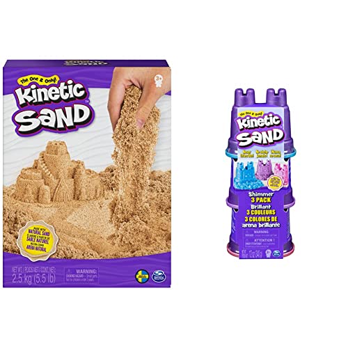 Kinetic Sand - original magischer Schweden, naturbraun, 2,5 kg - bekannt aus Kindergärten & Schimmer Sand 3er Pack 340 g - 3 Farben Glitzersand aus Schweden für Indoor Sandspiel von Kinetic Sand