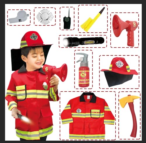 Kinfezlon Feuerwehr Kostüm für Kinder, Waschbares Feuerwehrmann Rollenspiel Set Mit Feuerlöscher, Helm, Walkie-Talkie Spielzeug, für 3-5+ Jahre von Kinfezlon