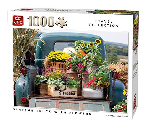 KING 55862 Vintage Truck mit Blumen Puzzle 1000 Teile, vollfarbig, 68 x 49 cm von King