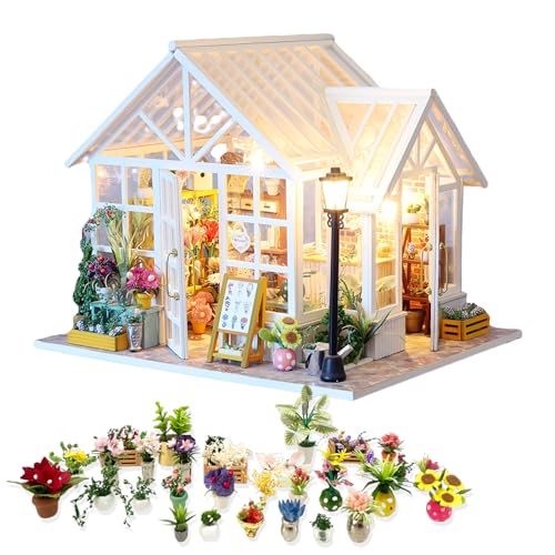 Bloom House DIY Miniatur Kit | Transparenter Gewächshausstil Blumenzimmer mit zartem Blumendisplay & Teeraum | Elegantes Geschenk für Erwachsene (Sosa Flower House) von KingStora