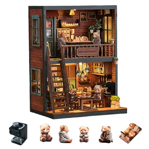DIY Little Bear Cafe Mini Book Nook, Retro Zweistöckige Kaffeehaus-Buchstütze, 3D-Montagehandwerk, niedliches Tierthema, geeignet für Erwachsene von KingStora