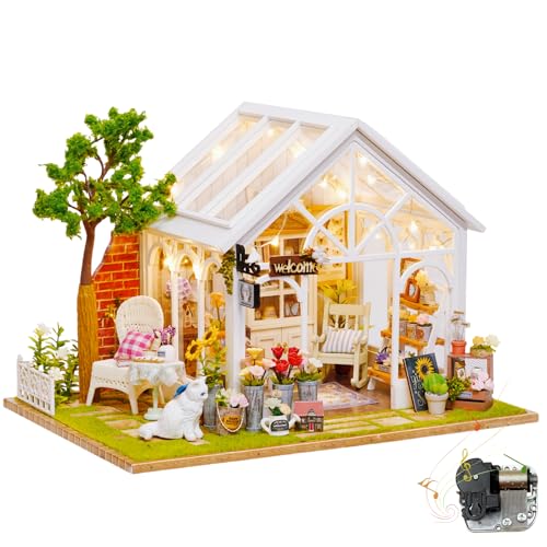 DIY Miniatur Gewächshaus Puppenhaus Kit - "Sunny Flower Room" - Optionaler Staubschutz & Musikbewegung - Kreatives Bastelgeschenk für Erwachsene & Jugendliche (Sunny Flower Room B) von KingStora