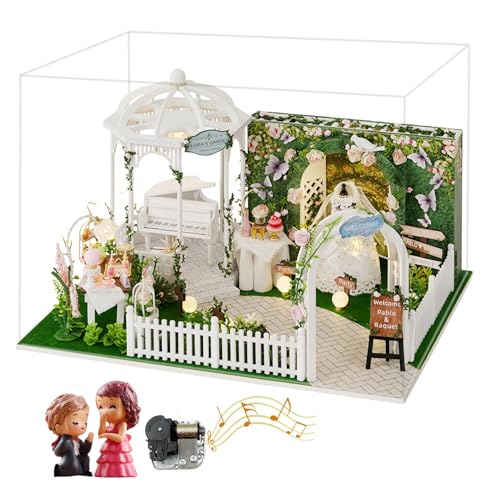 DIY Miniatur Hochzeit Zeremonie Garten Kit Elegante Brautszene Puppenhaus mit optionalen Paarfiguren & Musikbewegung - Romantisches Bastelgeschenk (Hochzeit C) von KingStora