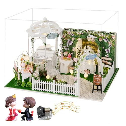 DIY Miniatur Hochzeit Zeremonie Garten Kit Elegante Brautszene Puppenhaus mit optionalen Paarfiguren & Musikbewegung - Romantisches Bastelgeschenk (Hochzeit E) von KingStora