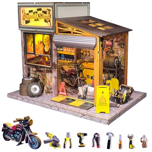 DIY Motorrad Werkstatt Montage Modell, Retro Fahrradgarage Miniatur Szene, Mechanische Ästhetik Thema, 3D Desktop Ornament, Geeignet für Erwachsene von KingStora